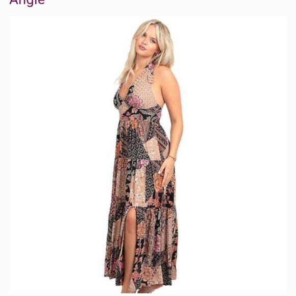 Angie black and pink patchwork halter maxi dress size large nwt - Picture 2 of 5